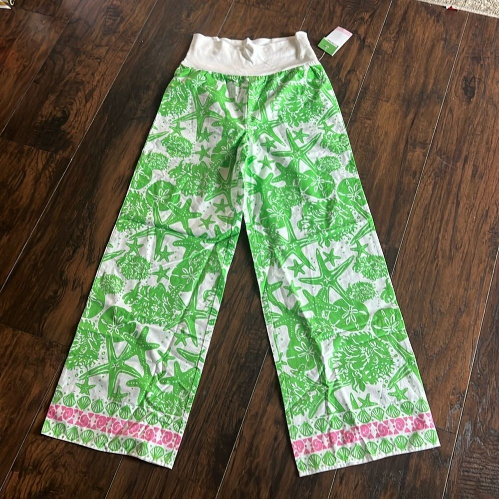 Lilly Pulitzer White Wide Leg Pants with Green Starfish Print and Pink Hem Trim